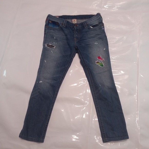 True Religion Denim - True Religion Womens 29 Serape Patch Distressed Straight Leg Jeans Made in USA